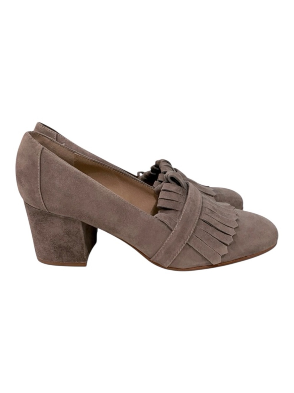 Steve Madden Kate Suede Leather Taupe Block Heels Tassel Fringe Size 9.5